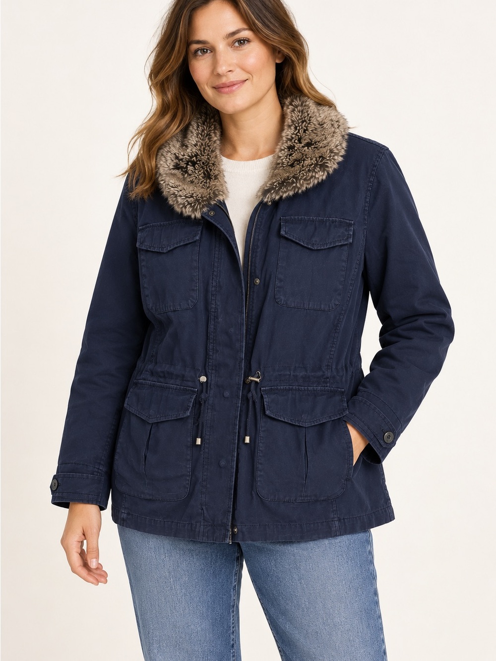 G.H. Bass Navy Faux Fur Collar Utility Field Jacket Women’s L 14/16